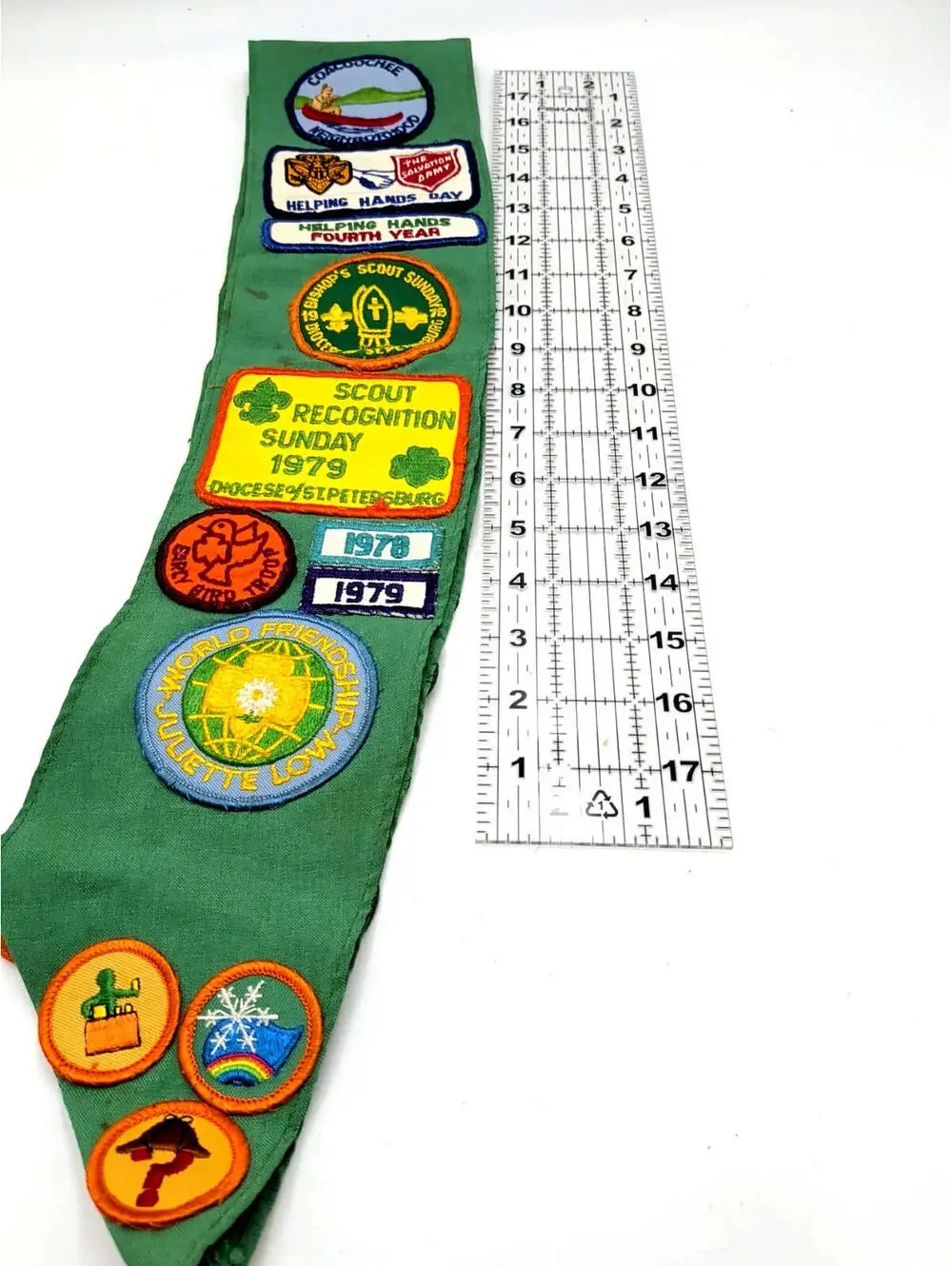 VTG 70s Girl Scout Uniform Sash +Badges Pins Patches Troop 589 Suncoast Catholic - Picture 10 of 10
